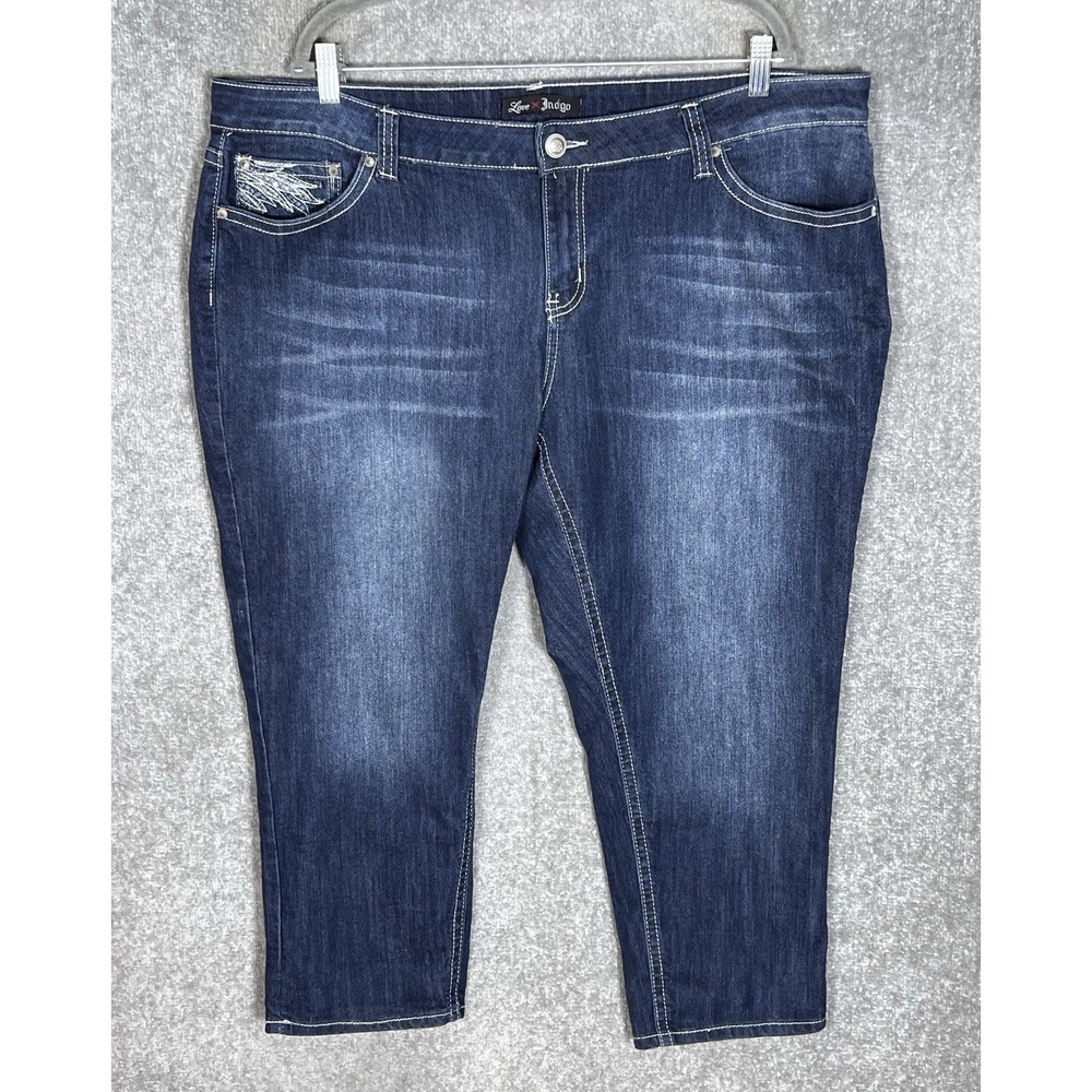 Love Indigo High Rise Ankle Jeans Womens Sz 22W Blue Stretch Embroidered Pockets